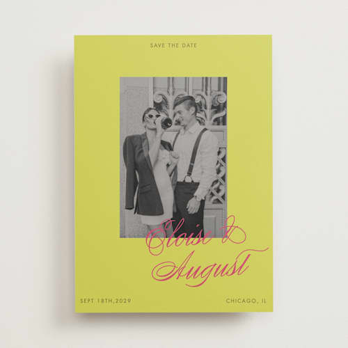 This is a flamingo save the date with standard by Morgan Kendall called maximalist poppies printing on recycled smooth signature in standard