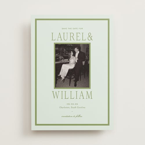 This is a forest save the date with standard by Sara Hicks Malone called dewberry printing on recycled smooth signature in standard