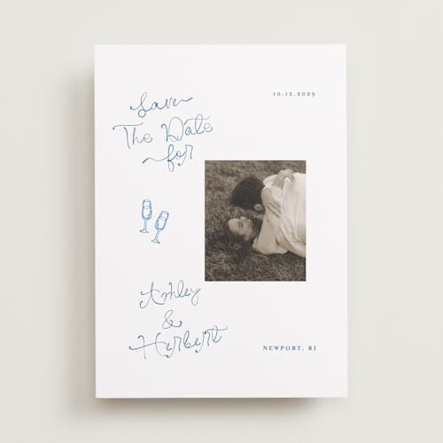 This is a cerulean save the date with standard by Tamara Hilje called positano printing on recycled smooth signature in standard