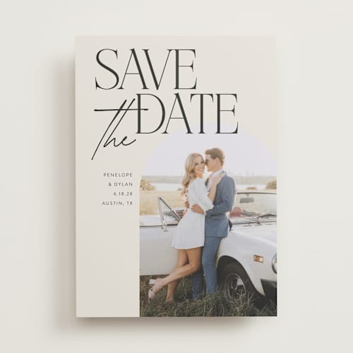 This is a ecru save the date with standard by Morgan Kendall called penelope printing on recycled smooth signature in standard