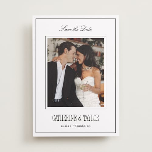 This is a silk save the date with standard by Kelly Schmidt called formal minimalist printing on recycled smooth signature in standard