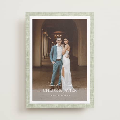 This is a garden save the date with standard by Kelly Schmidt called summer linen printing on recycled smooth signature in standard