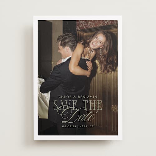 This is a moss save the date with standard by Kelly Schmidt called woods printing on recycled smooth signature in standard