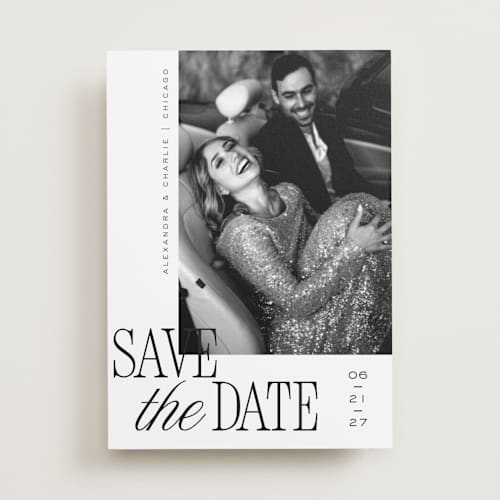 This is a pearl save the date with standard by Melanie Kosuge called right side printing on recycled smooth signature in standard