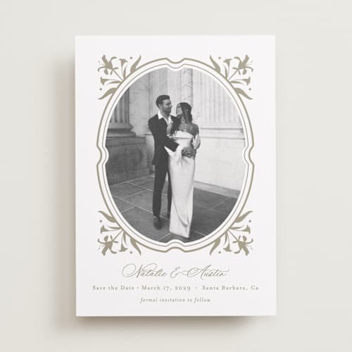 This is a paris rain save the date with standard by Jennifer Postorino called calia printing on recycled smooth signature in standard