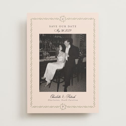 This is a blush save the date with standard by Susan Moyal called monogramed printing on recycled smooth signature in standard