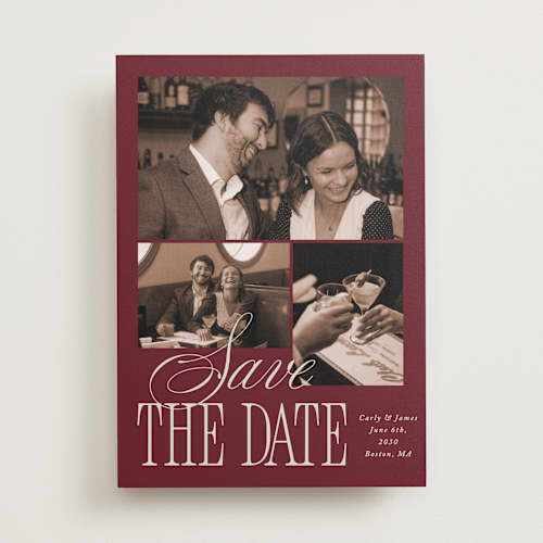 This is a plum save the date with standard by Brianne Larsen called elegant three printing on recycled smooth signature in standard