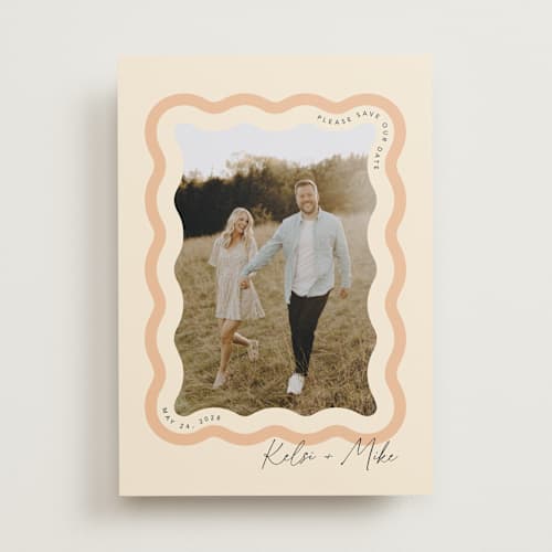 This is a seashell save the date with standard by Robert and Stella called wavy printing on recycled smooth signature in standard