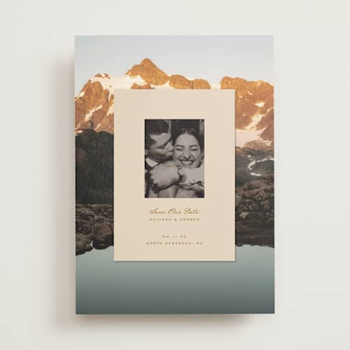 This is a sand save the date with standard by Claudia Orengo called location printing on recycled smooth signature in standard