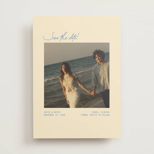 This is a beachy save the date with standard by Design Lotus called the summer we said yes printing on recycled smooth signature in standard