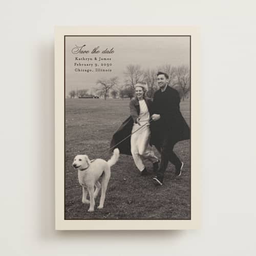 This is a chocolate save the date with standard by Ellen Schlegelmilch called kathryn printing on recycled smooth signature in standard