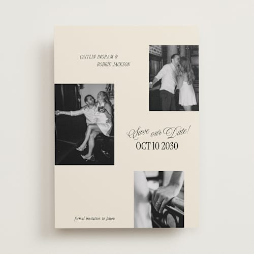 This is a cream save the date with standard by Robert and Stella called saved snaps printing on recycled smooth signature in standard