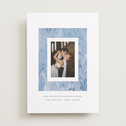 This is a sea save the date with standard by Olivia Kanaley Inman called marbled printing on recycled smooth signature in standard