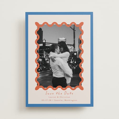 This is a papaya save the date with standard by Blustery August called party squiggle printing on recycled smooth signature in standard