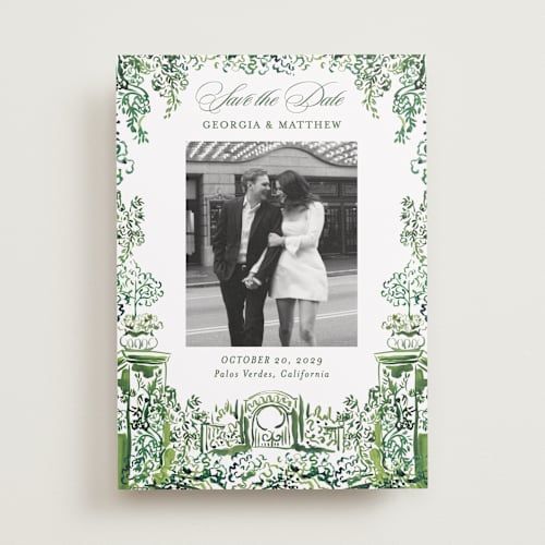 This is a sap save the date with standard by Becky Nimoy called gates and pillars printing on recycled smooth signature in standard