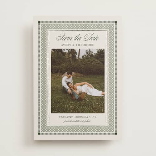 This is a moss save the date with standard by Kelly Watkins called literary printing on recycled smooth signature in standard