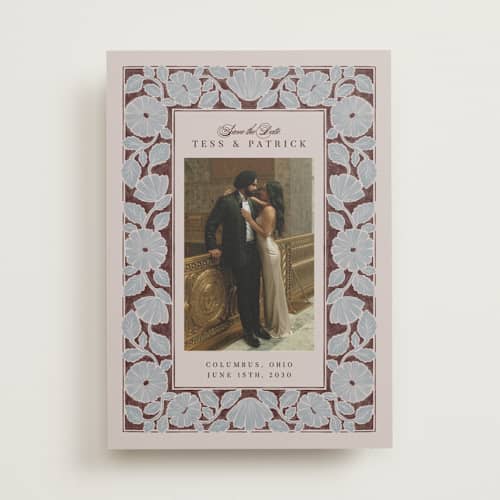 This is a burgundy save the date with standard by Jen Owens called mod meadow printing on recycled smooth signature in standard