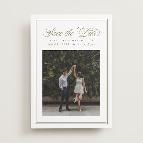This is a olive save the date with standard by Ellen Schlegelmilch called museo printing on recycled smooth signature in standard