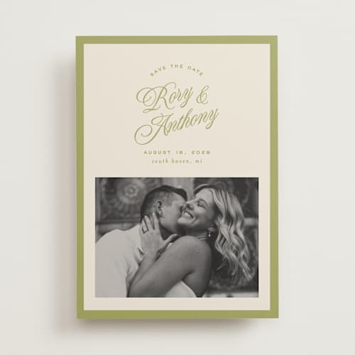 This is a olive save the date with standard by Ellen Schlegelmilch called rory printing on recycled smooth signature in standard