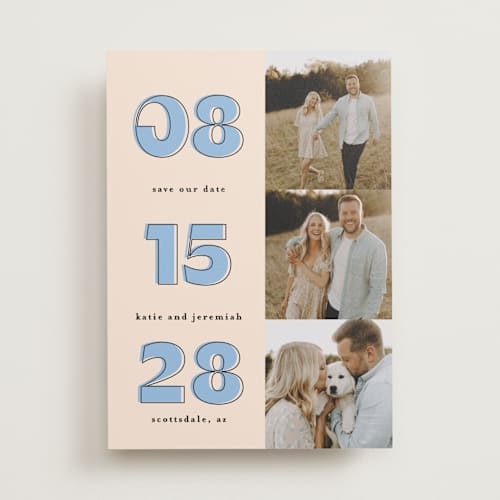 This is a dusty blue save the date with standard by Leah Ragain called outlined date printing on recycled smooth signature in standard