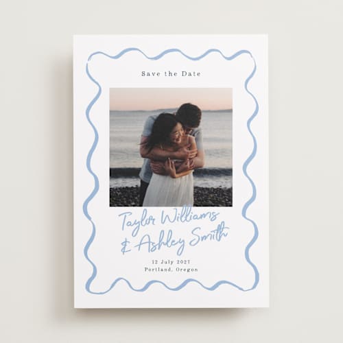 This is a dusty blue save the date with standard by Cass Loh called handdrawn wavy frame printing on recycled smooth signature in standard