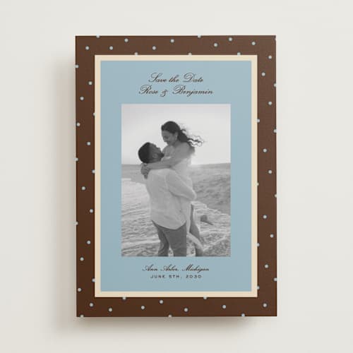 This is a coffee save the date with standard by Ellen Schlegelmilch called festive polka printing on recycled smooth signature in standard