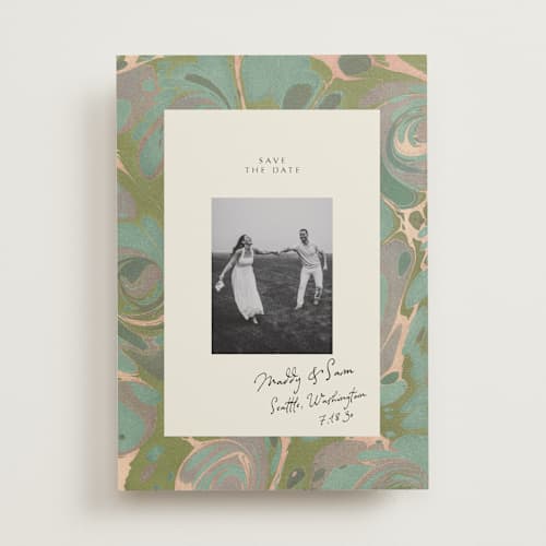 This is a sage save the date with standard by Leia Matt called marbled editorial printing on recycled smooth signature in standard