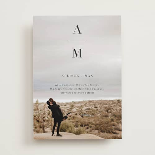 This is a night save the date with standard by Ashley Lopez called stacked initials printing on recycled smooth signature in standard