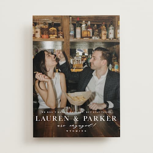 This is a pearl save the date with standard by Oscar and Emma - Karly Depew called classic touch printing on recycled smooth signature in standard