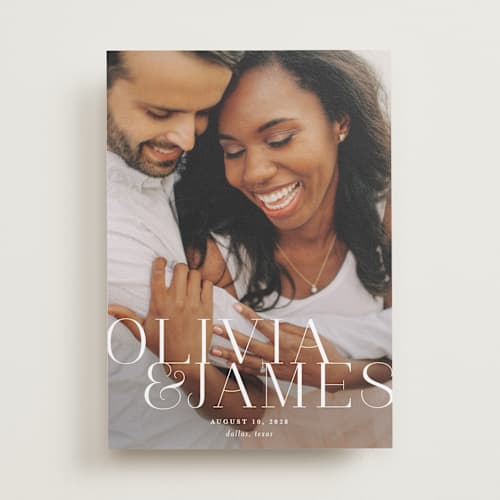 This is a pearl save the date with standard by Lauren Chism called this couple printing on recycled smooth signature in standard