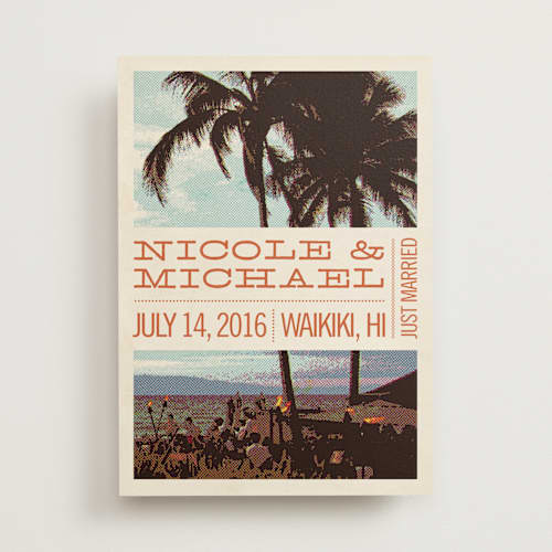 This is a tangerine wedding announcements with standard by Alex Elko Design called island palms printing on signature in standard