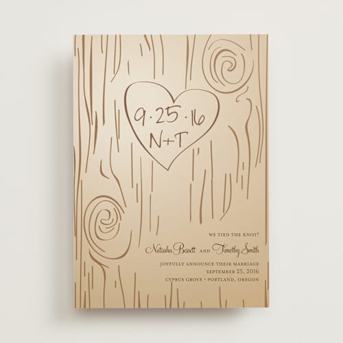 This is a woodgrain wedding announcements with standard by Amanda Joy called fall carving printing on signature in standard