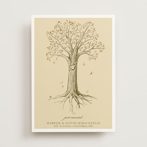 This is a warm beige wedding announcements with standard by pottsdesign called carved tree printing on signature in standard