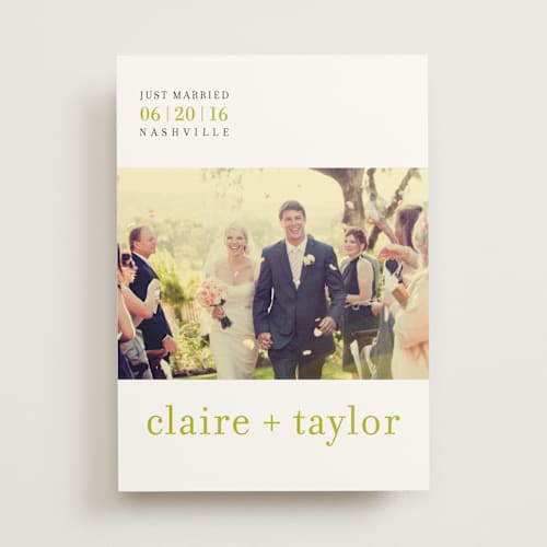 This is a celery wedding announcements with standard by Float Paperie called float + celebrate printing on signature in standard