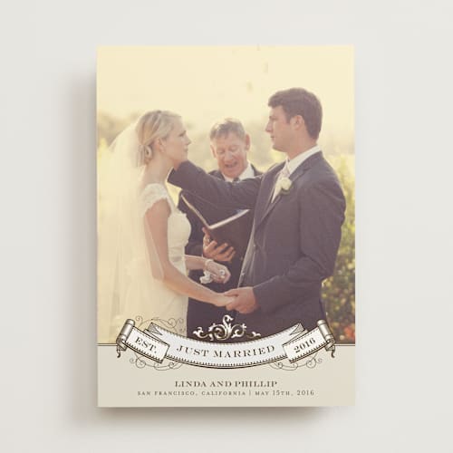 This is a mocha wedding announcements with standard by Milkmaid Press called celebration printing on signature in standard