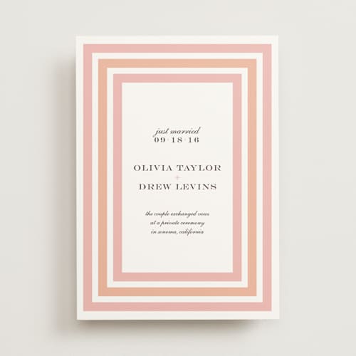 This is a peach coral wedding announcements with standard by Float Paperie called float + sweetie stripe printing on signature in standard