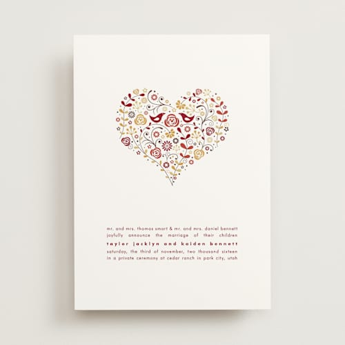 This is a burgundy wedding announcements with standard by Jana Volfova called love birds printing on signature in standard