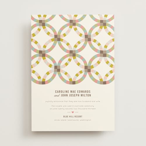This is a sherbert wedding announcements with standard by Laura Hankins called quilted printing on signature in standard