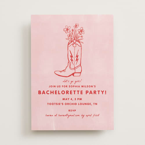 This is a strawberry bachelorette party invitations with standard by Erin Kessler called party boots printing on signature in standard
