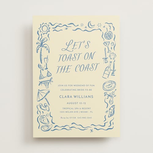 This is a sea bachelorette party invitations with standard by Pati Cascino called on the coast printing on signature in standard