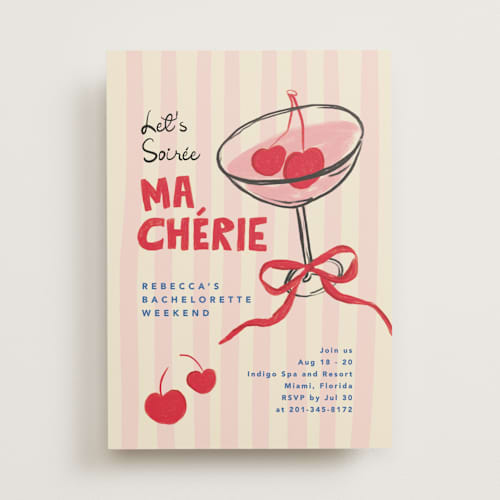 This is a cherry bachelorette party invitations with standard by Creo Study called mon cherie printing on signature in standard