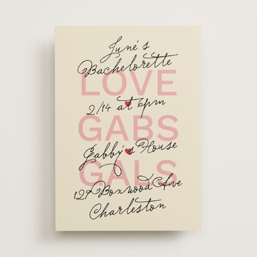 This is a strawberry bachelorette party invitations with standard by Inkblot Design called gals and gabs printing on signature in standard