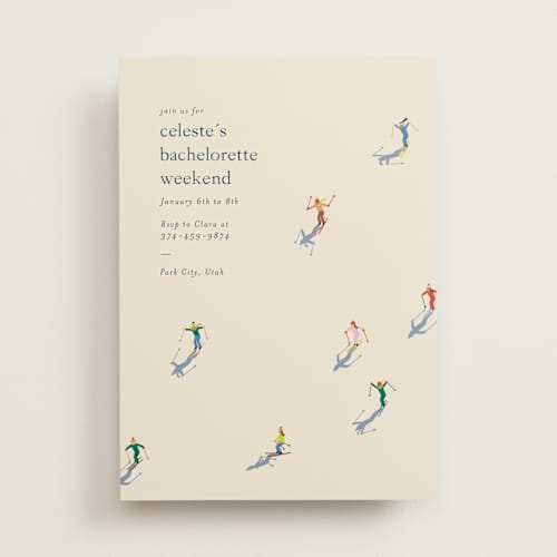 This is a cream bachelorette party invitations with standard by Ellen Schlegelmilch called slope printing on signature in standard