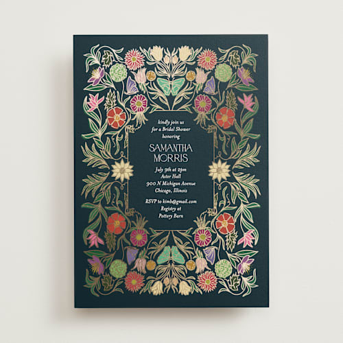 This is a midnight garden bridal shower invitations with foil pressed by Simona Camp called gilded tapestry printing on signature in standard