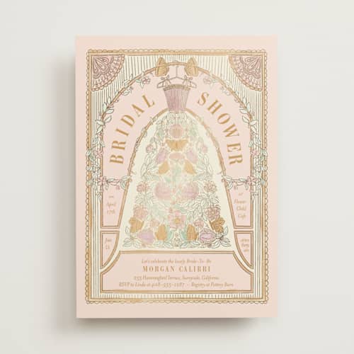 This is a romantic rose bridal shower invitations with foil pressed by Simona Camp called gilded bridal gown printing on signature in standard