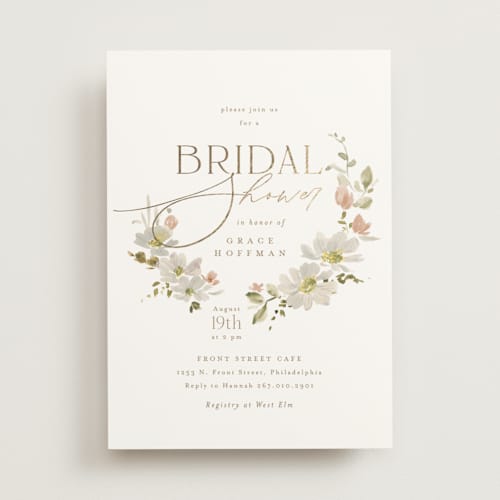 This is a champagne bridal shower invitations with foil pressed by Everett Paper Goods called serene printing on signature in standard