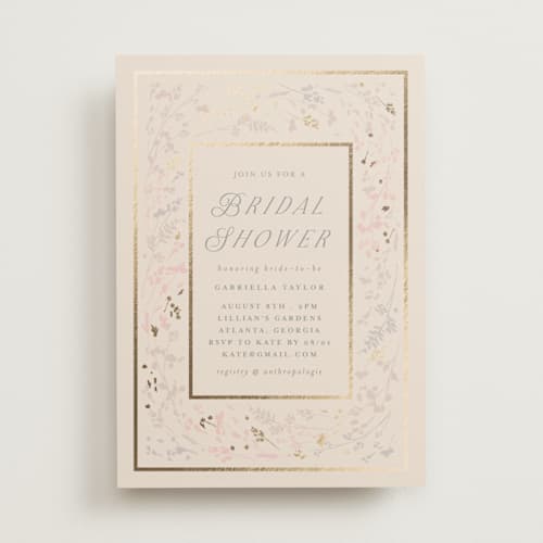 This is a ivory bridal shower invitations with foil pressed by Angela Thompson called floral wisp printing on signature in standard