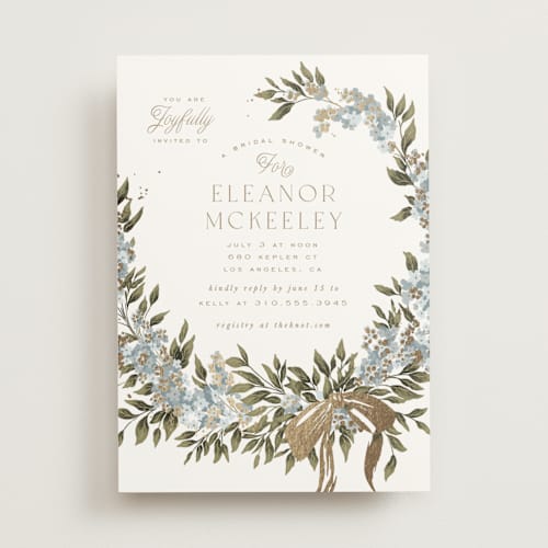 This is a bluebell bridal shower invitations with foil pressed by Leah Bisch called ribbon wreath printing on signature in standard