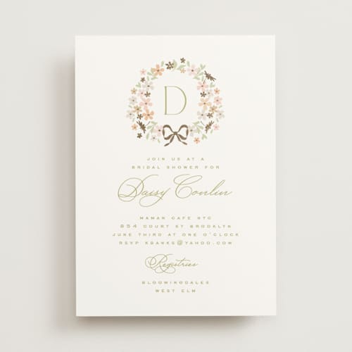 This is a leaf bridal shower invitations with foil pressed by Kristie Kern called garden monogram printing on signature in standard