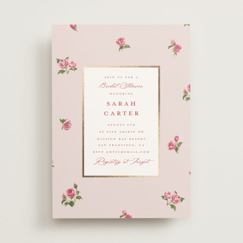 This is a blush bridal shower invitations with foil pressed by Teju Reval called romantic roses printing on signature in standard